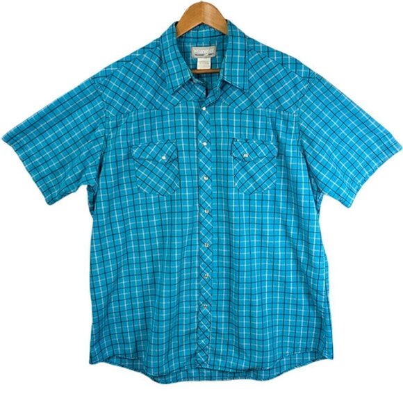 Wrangler Wrancher Shirt Mens 2XT Pearl Snap Blue Plaid Short Sleeve Pockets - Picture 1 of 12